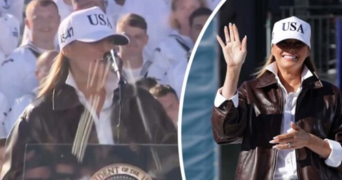 Melania Trump faces criticism over a brief and awkward greeting to Navy sailors in an uncommon public address.