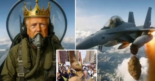 Trump shares shocking AI-generated video showing himself dropping feces on No King demonstrators.