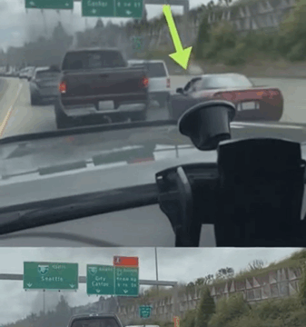 Corvette Driver Attempts to Block Truck—Gets Engulfed in Thick Black Smoke